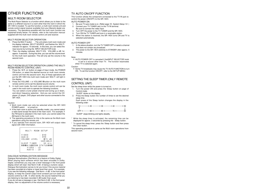 Marantz SR-14EX manual Other Functions, Multi Room Selector, TV Auto ON/OFF Function 