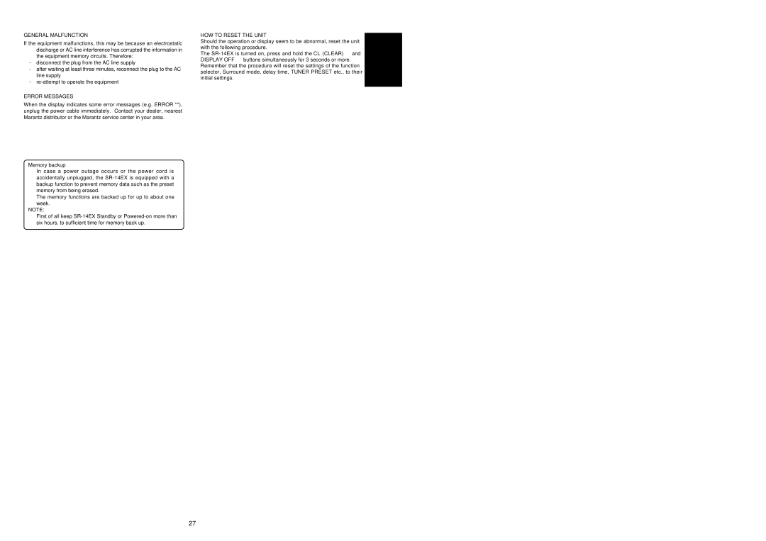 Marantz SR-14EX manual General Malfunction, Error Messages, Memory backup, HOW to Reset the Unit 