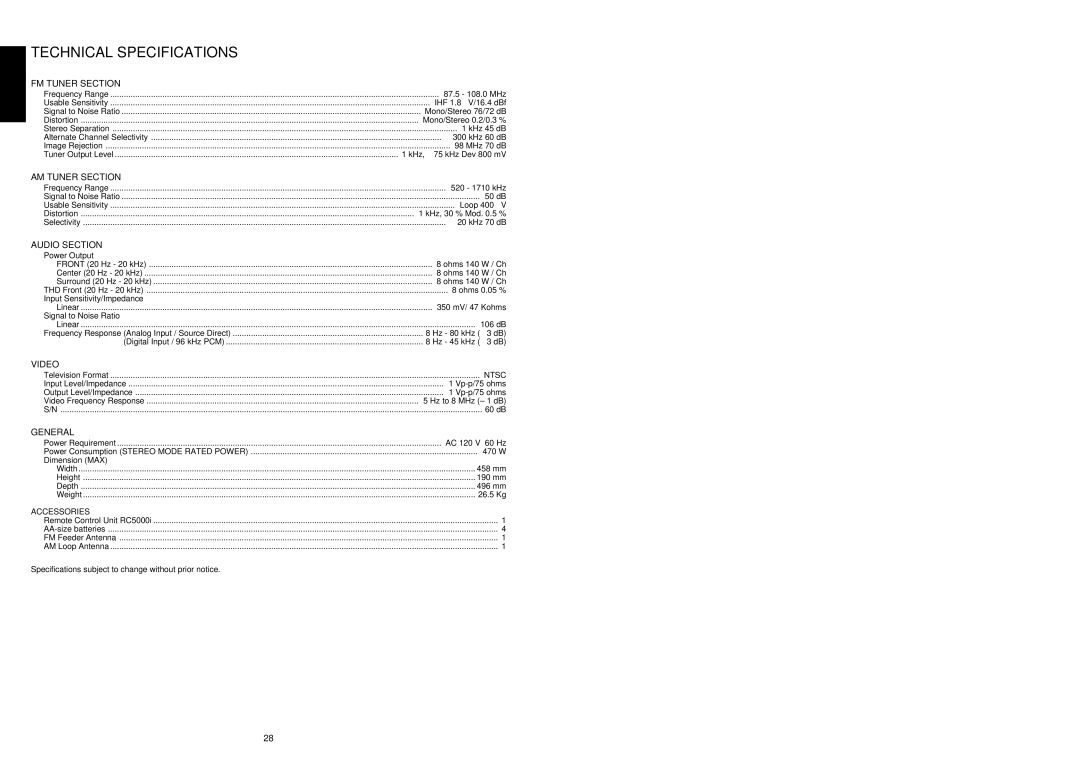 Marantz SR-14EX manual Technical Specifications, FM Tuner Section 