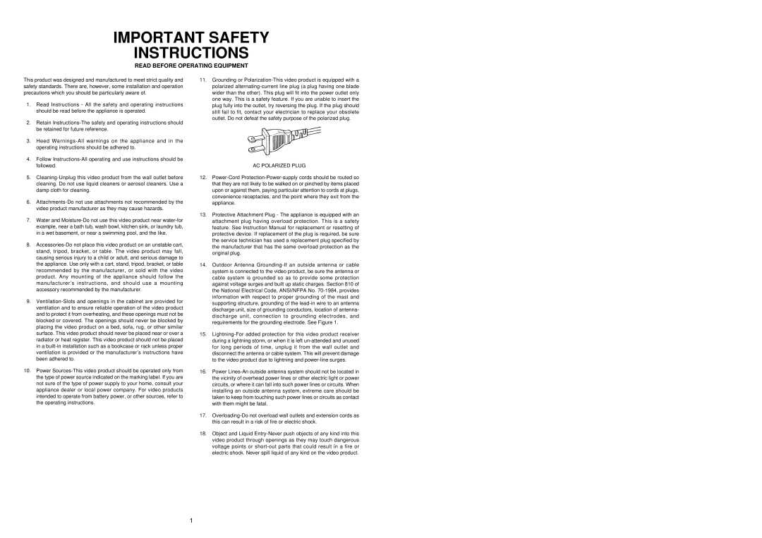 Marantz SR-14EX manual Important Safety Instructions, Read Before Operating Equipment 