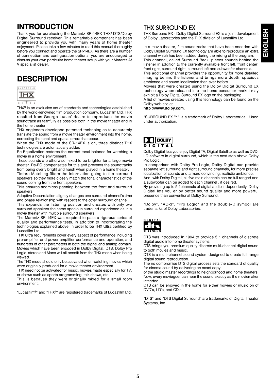 Marantz SR-14EX manual Introduction, Description, English 