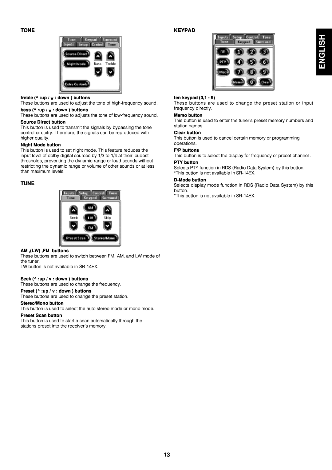 Marantz SR-14EX manual English, Tone, Keypad, Tune 