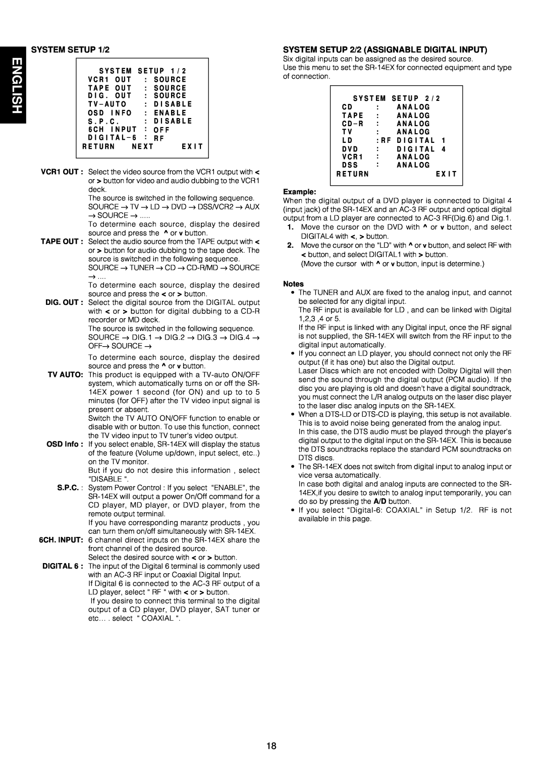Marantz SR-14EX manual SYSTEM SETUP 1/2, SYSTEM SETUP 2/2 ASSIGNABLE DIGITAL INPUT 