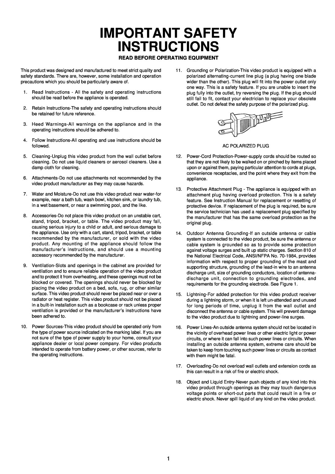 Marantz SR-14EX manual Important Safety Instructions, Read Before Operating Equipment 