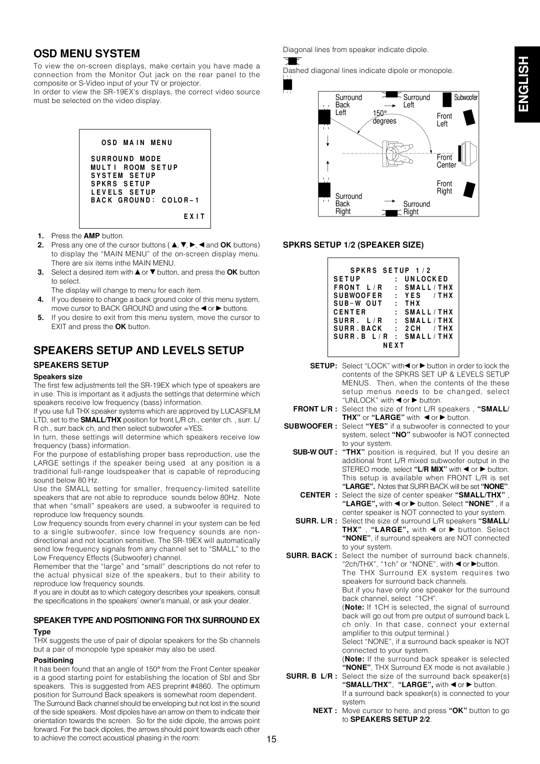 Marantz SR-18EX manual OSD Menu System, Speakers Setup and Levels Setup, Speaker Type and Positioning for THX Surround EX 