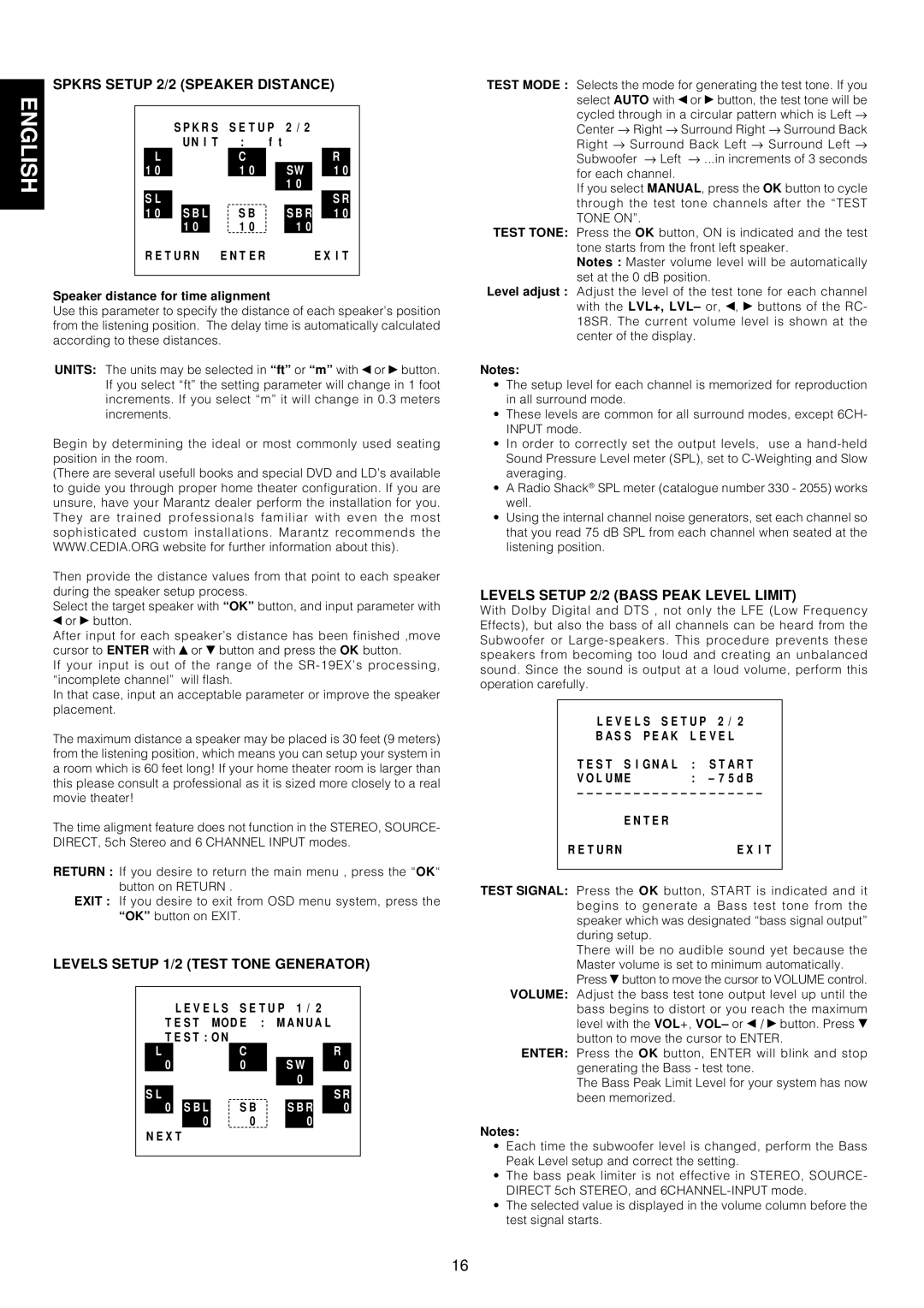 Marantz SR-18EX manual Spkrs Setup 2/2 Speaker Distance, Levels Setup 1/2 Test Tone Generator, L U M E, T E R T U R N 