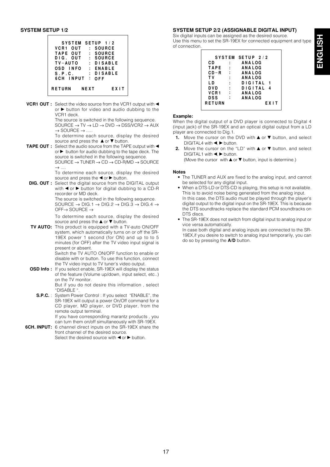 Marantz SR-18EX manual System Setup 2/2 Assignable Digital Input, S T E M S E T U P 2, P E A L O G, Example 