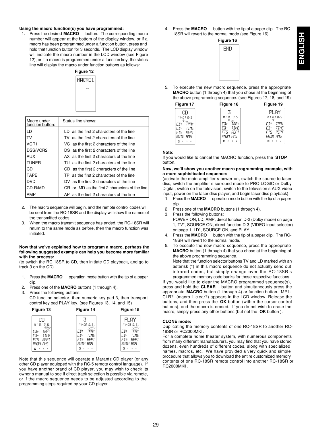 Marantz SR-18EX manual Using the macro functions you have programmed, Clone mode 