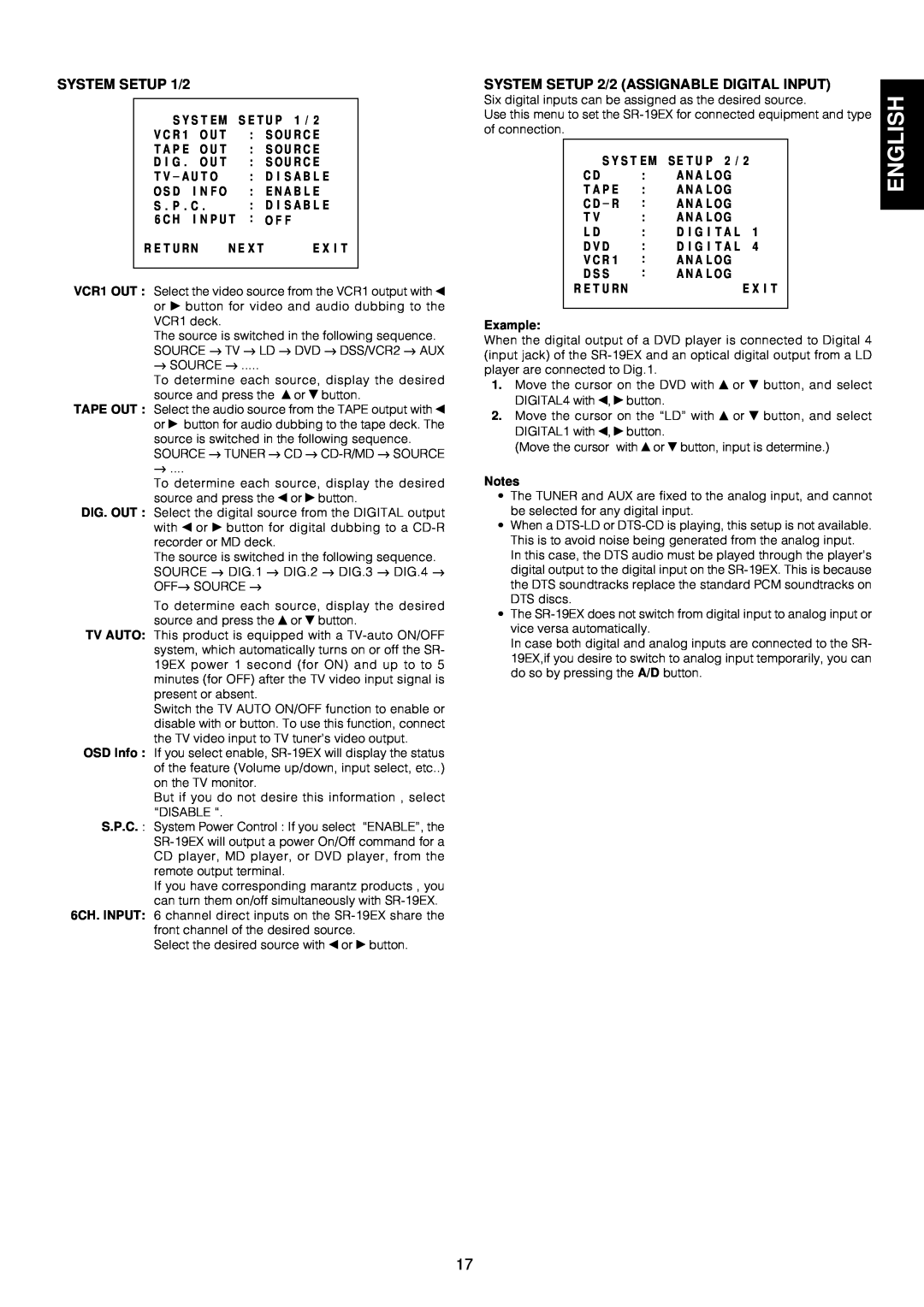 Marantz SR-18EX manual English, SYSTEM SETUP 1/2, SYSTEM SETUP 2/2 ASSIGNABLE DIGITAL INPUT 