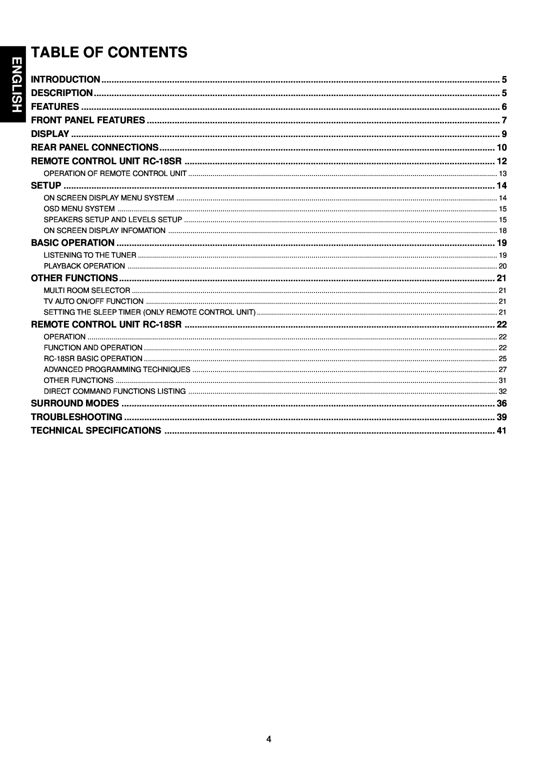Marantz SR-18EX manual Table Of Contents, English 