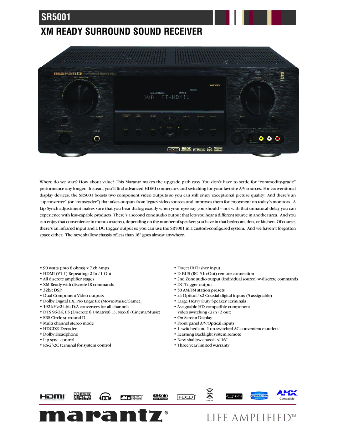 Marantz SR-5001 warranty Life Amplifiedtm 