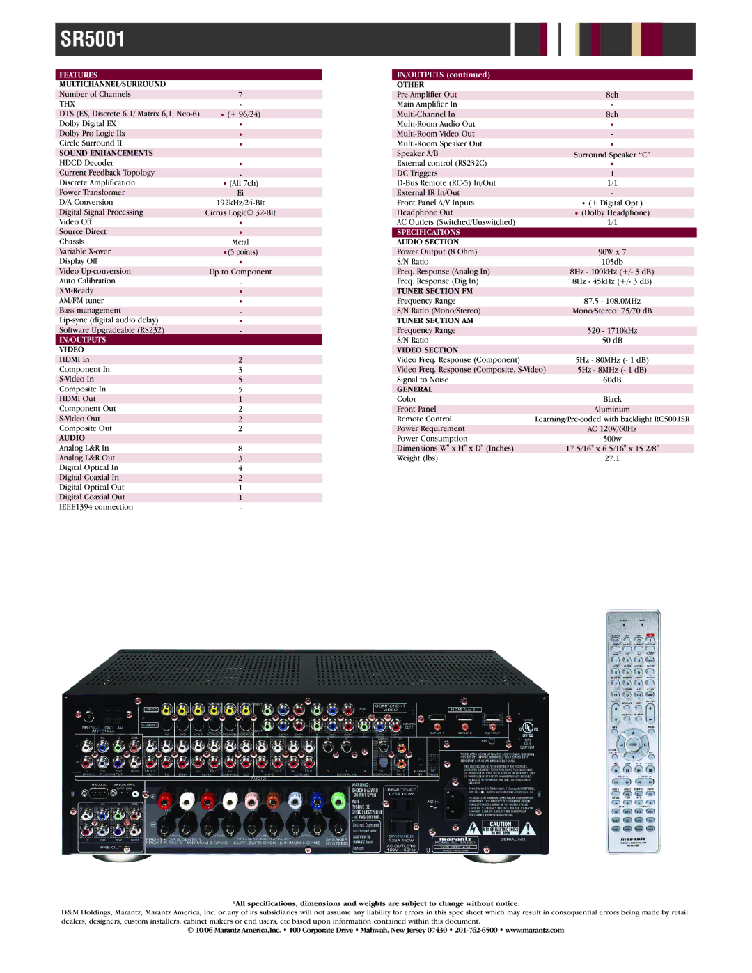 Marantz SR-5001 warranty Features, In/Outputs, Specifications 