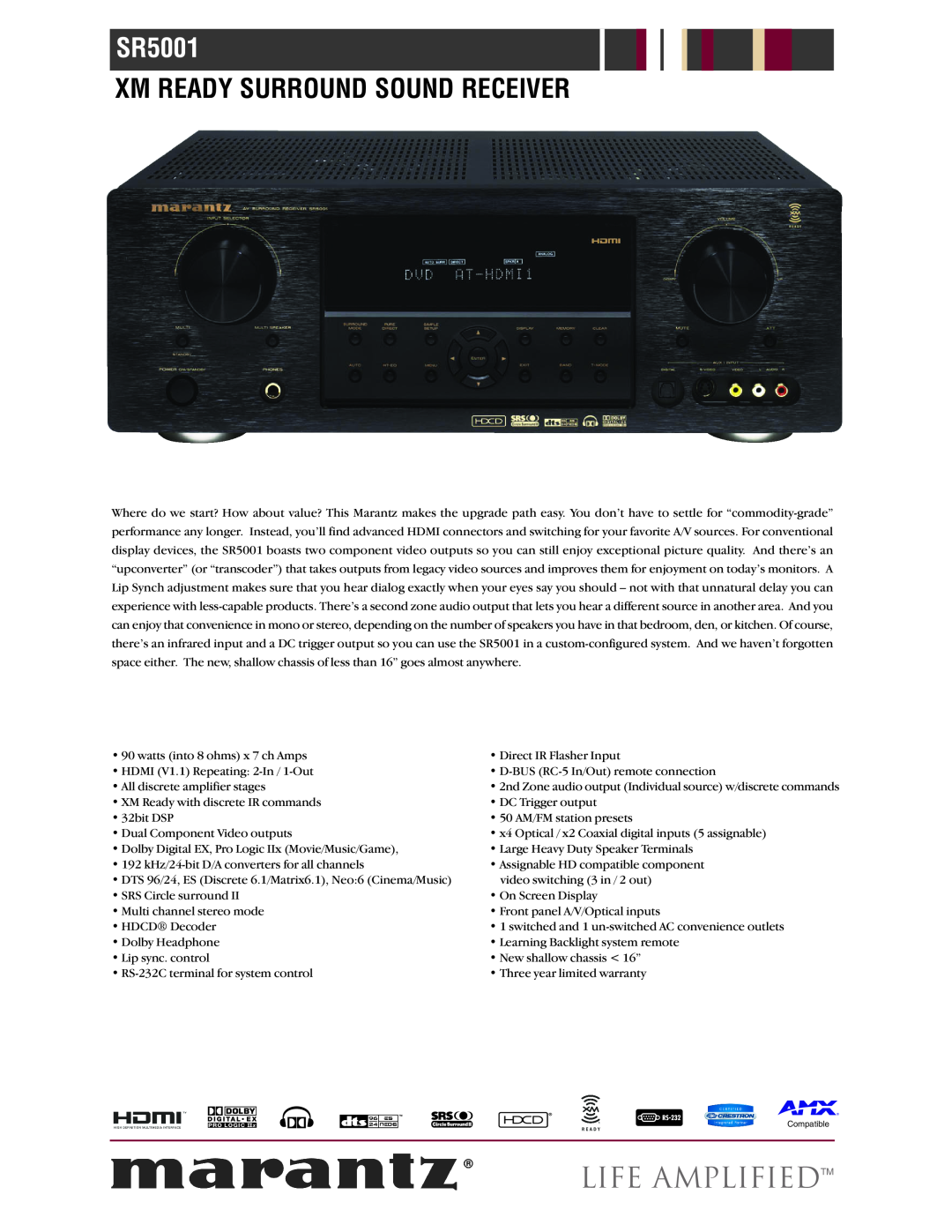 Marantz SR-5001 warranty SR5001, Life Amplifiedtm, Xm Ready Surround Sound Receiver 