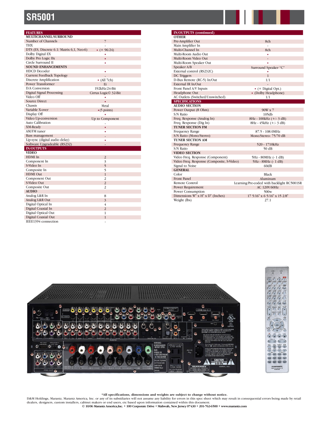 Marantz SR-5001 warranty SR5001, Features, In/Outputs, IN/OUTPUTS continued, Specifications 