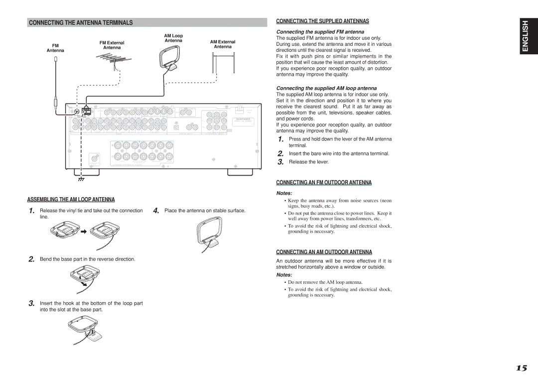 Marantz SR3001 manual Connecting the Antenna Terminals, Connecting the Supplied Antennas, Connecting AN AM Outdoor Antenna 