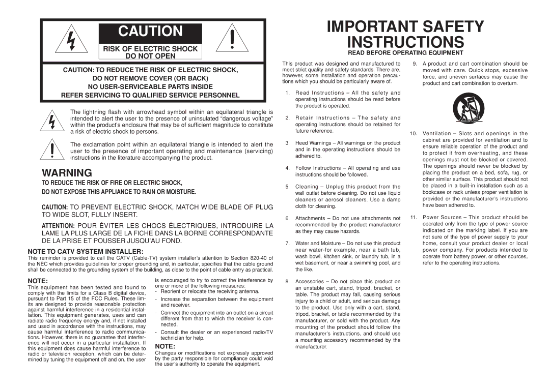 Marantz SR3001 manual Read Before Operating Equipment 