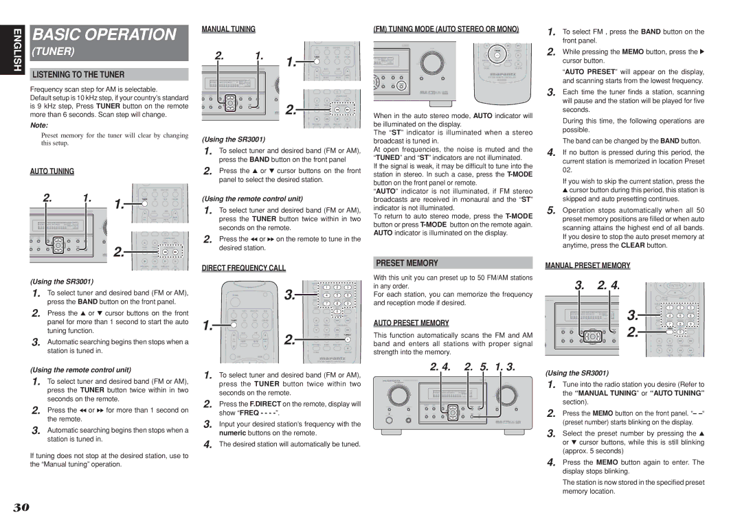 Marantz SR3001 manual Manual Tuning, Auto Tuning, Direct Frequency Call, Auto Preset Memory 