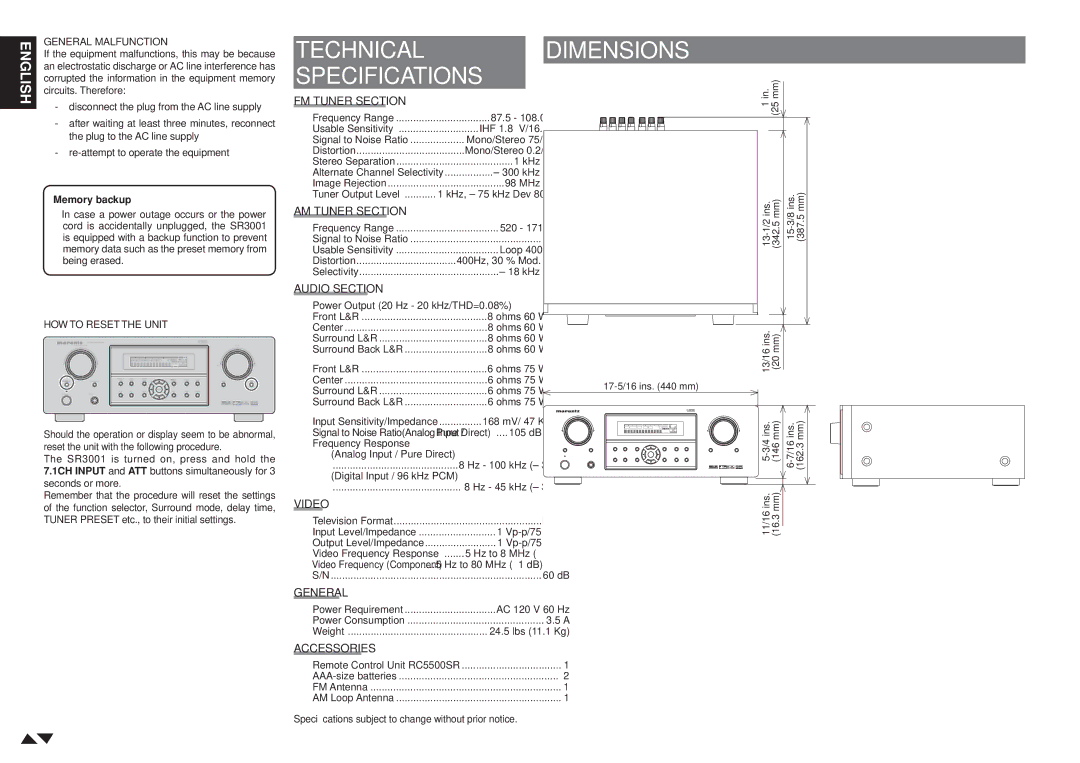 Marantz SR3001 manual Technical Specifications, Dimensions 