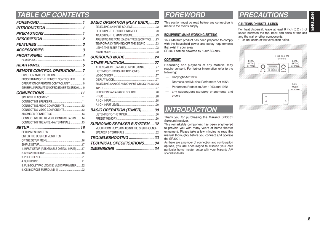 Marantz SR3001 manual Table of Contents, Foreword, Introduction, Precautions 