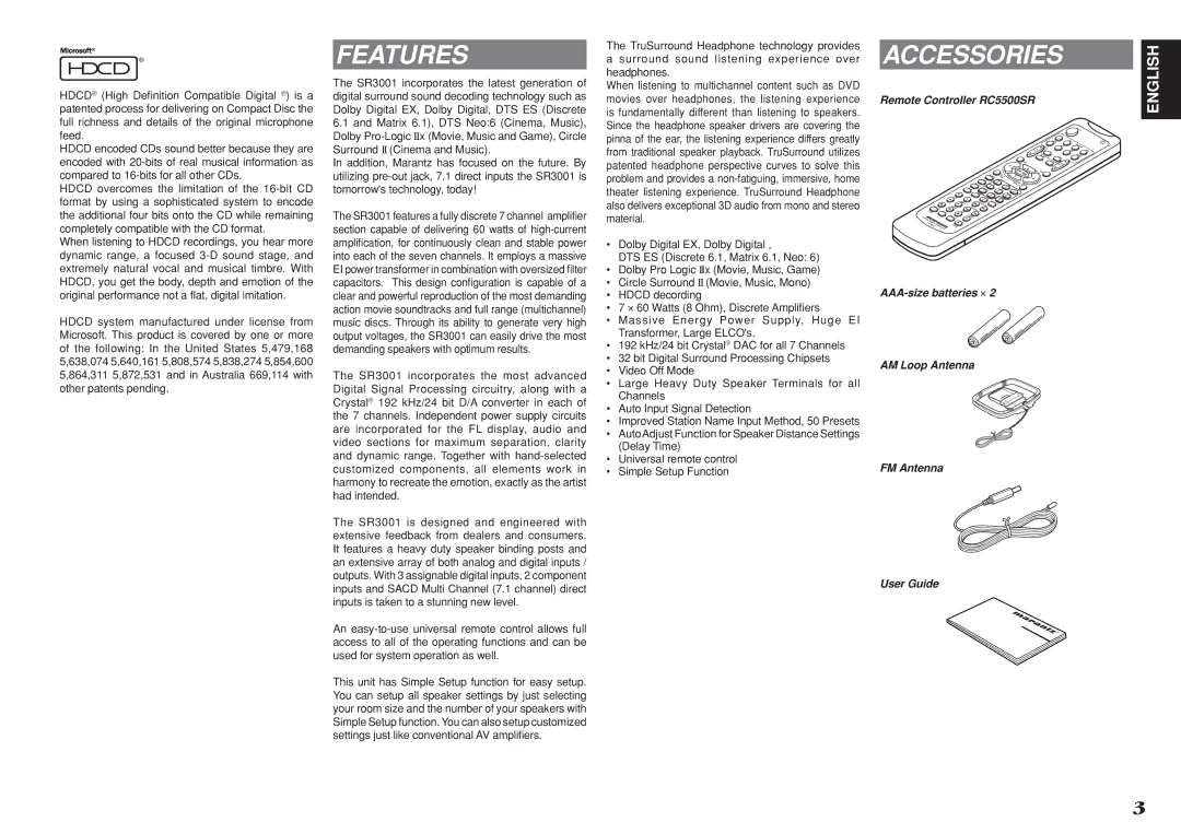 Marantz SR3001 manual Features, Accessories, Remote Controller RC5500SR 