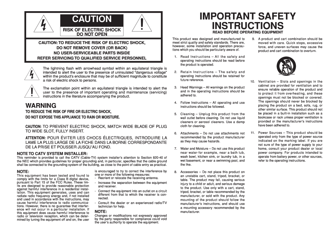 Marantz SR3001 manual Important Safety Instructions, Risk Of Electric Shock Do Not Open 