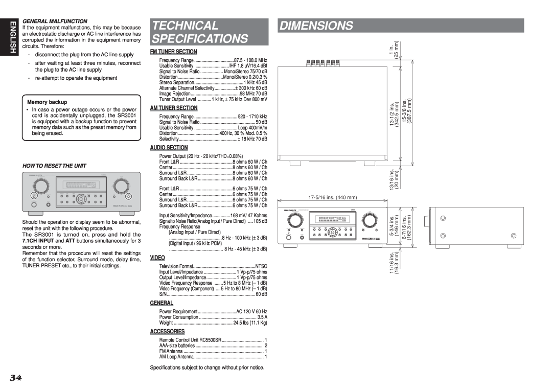 Marantz SR3001 Technical Specifications, Dimensions, Fm Tuner Section, Am Tuner Section, Audio Section, Video, General 