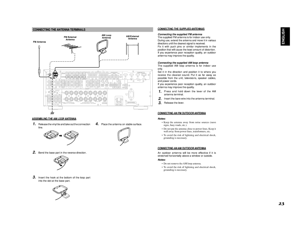 Marantz SR4002/SR5002 Connecting the Antenna Terminals, Assembling the AM Loop Antenna, Connecting the Supplied Antennas 