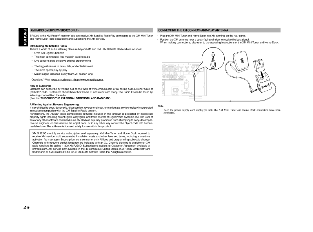 Marantz SR4002/SR5002 manual XM Radio Overview SR5002 only, Connecting the XM CONNECT-AND-PLAY Antenna, How to Subscribe 