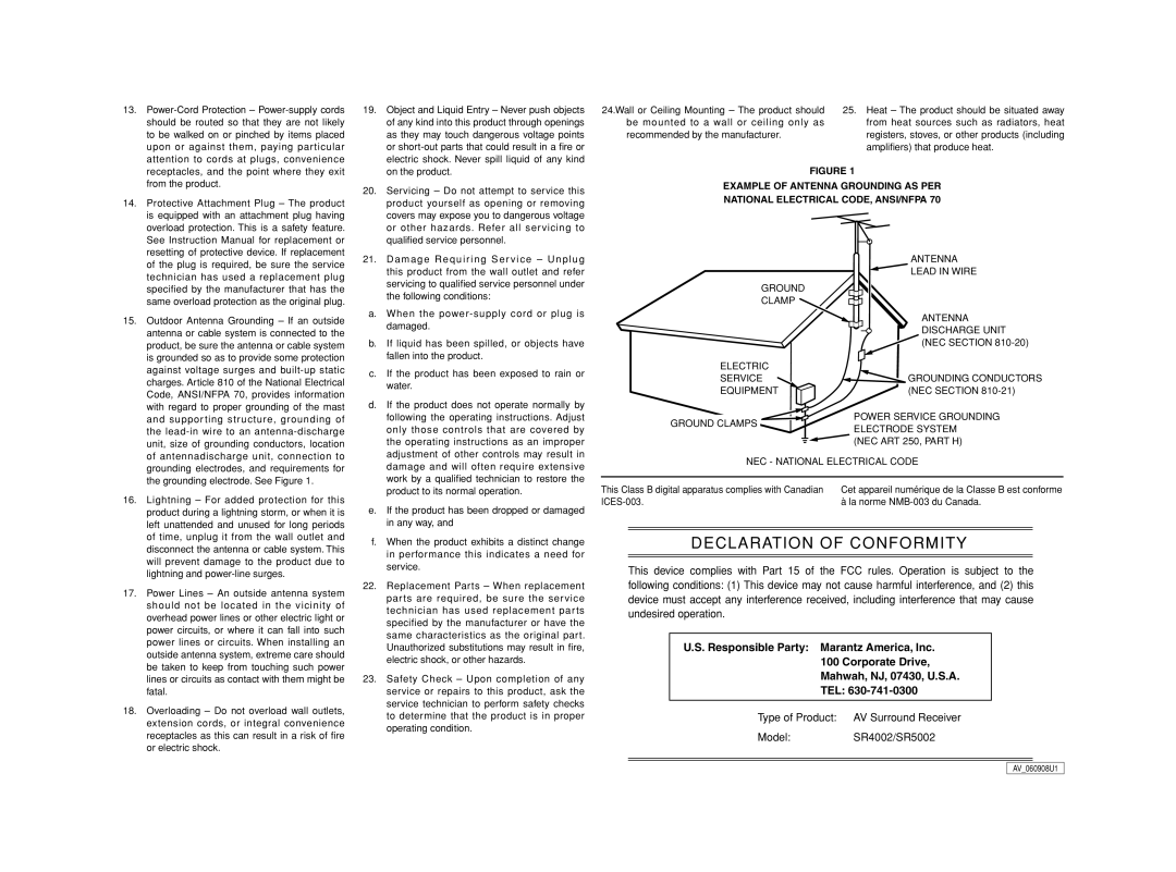 Marantz SR4002/SR5002 manual NEC National Electrical Code 