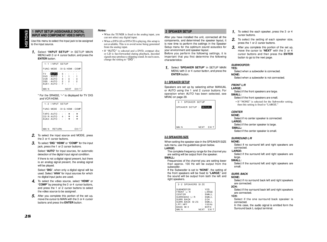 Marantz SR4002/SR5002 manual Speaker Setup, Input Setup Assignable Digital, Input and Component Video Input, Speakers Size 