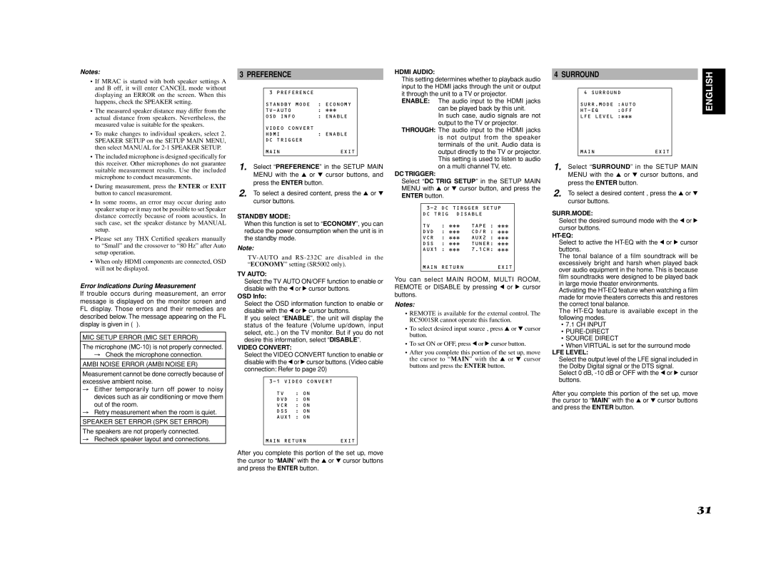 Marantz SR4002/SR5002 manual Preference, Surround, Error Indications During Measurement 