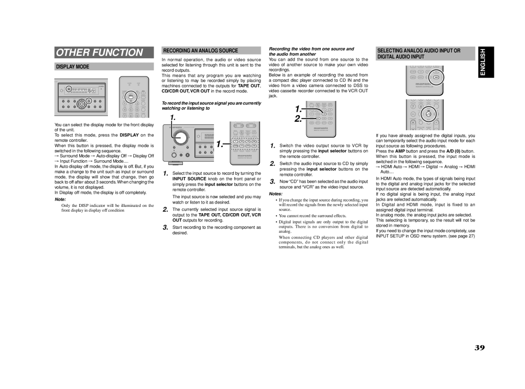 Marantz SR4002/SR5002 manual Other Function, Display Mode, Recording AN Analog Source 