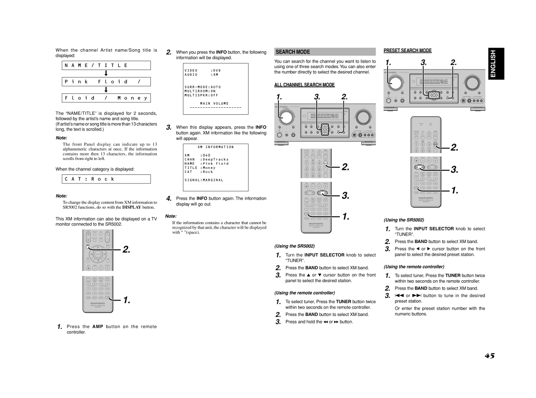 Marantz SR4002/SR5002 manual ALL Channel Search Mode, When the channel Artist name/Song title is displayed 