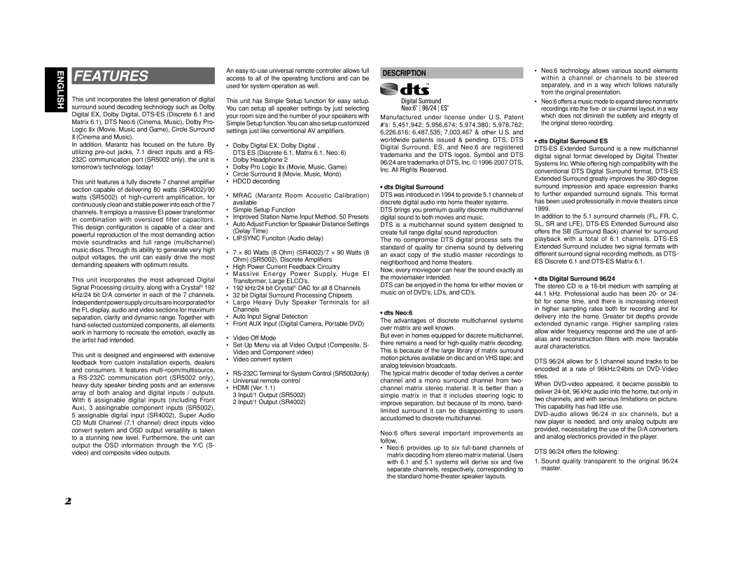 Marantz SR4002/SR5002 manual Features, Description 