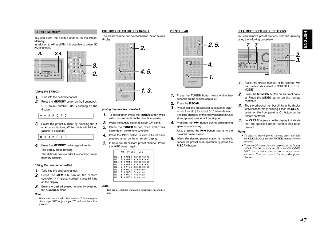 Marantz SR4002/SR5002 manual Checking the XM Preset Channel, Preset channel can be checked on the on screen display 