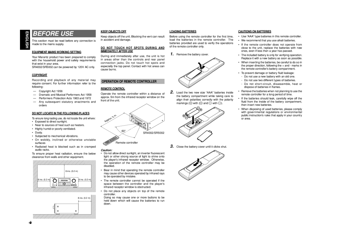 Marantz SR4002/SR5002 manual Before USE, Operation of Remote Controller 