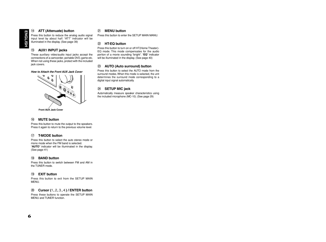 Marantz SR4002/SR5002 manual ATT Attenuate button, AUX1 Input jacks, @1 Menu button, @2 HT-EQ button, @4 Setup MIC jack 