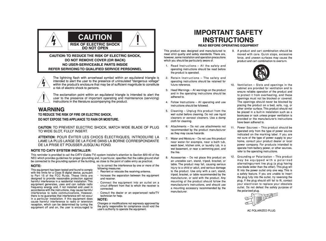 Marantz SR4002/SR5002 manual Important Safety Instructions, Risk Of Electric Shock Do Not Open 