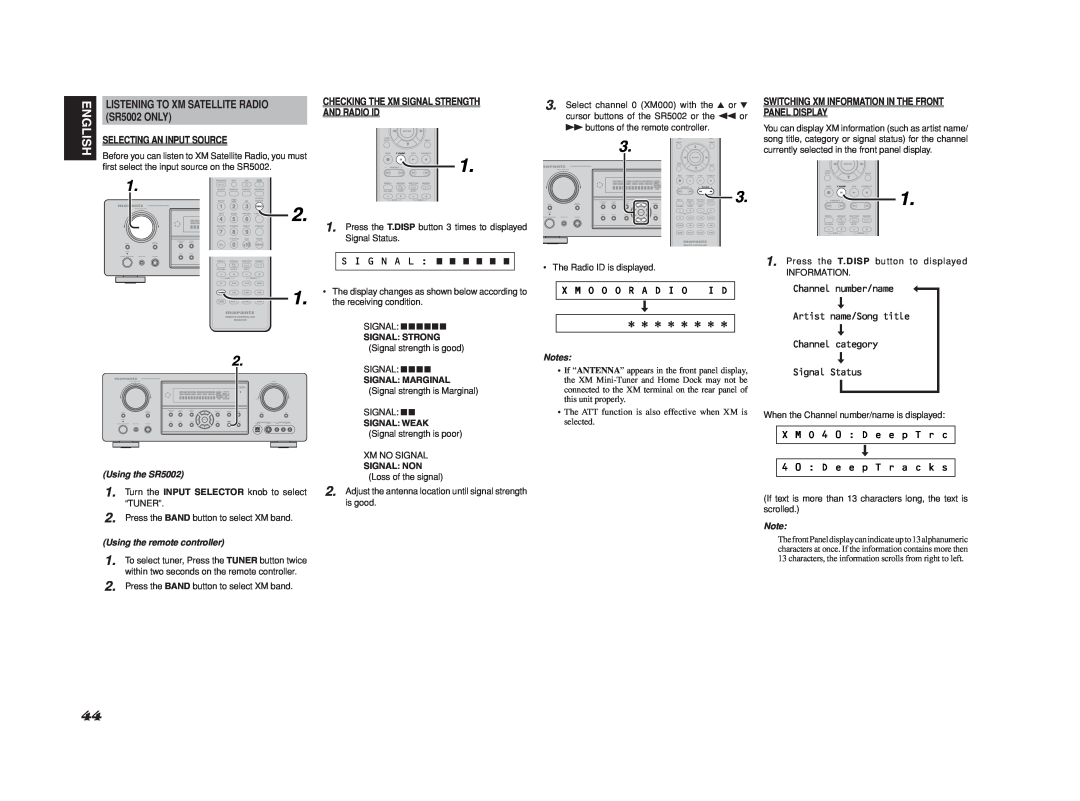 Marantz SR4002/SR5002 manual English, Selecting An Input Source, Checking The Xm Signal Strength And Radio Id, S I G N A L 