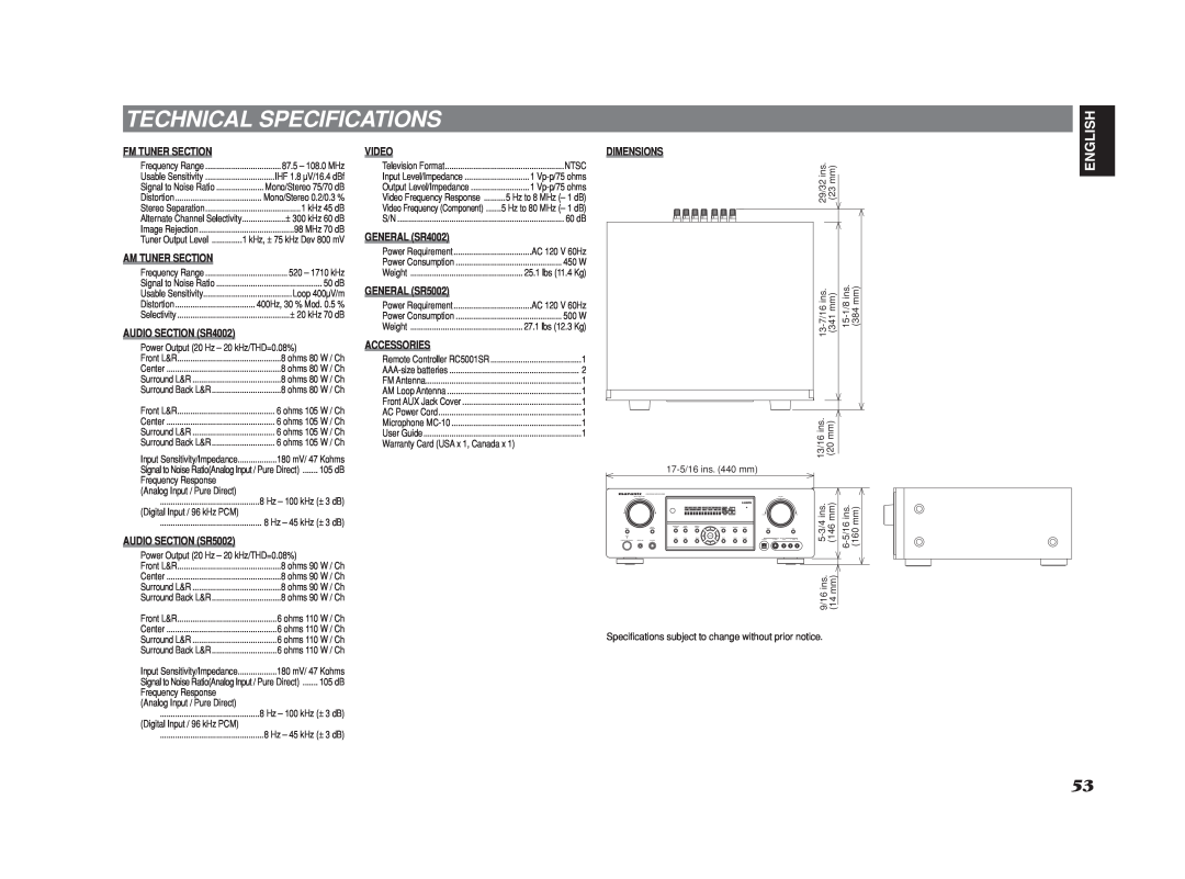 Marantz SR4002/SR5002 Technical Specifications, English, Fm Tuner Section, Am Tuner Section, AUDIO SECTION SR4002, Video 
