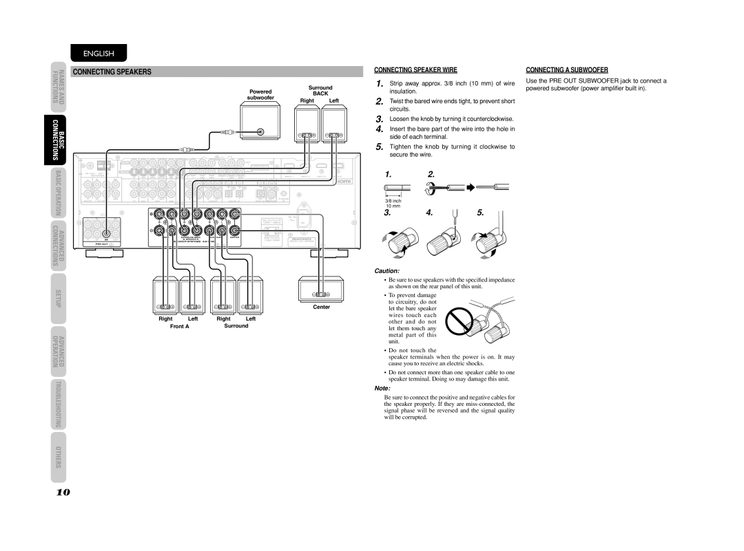 Marantz SR4003 manual Connecting Speakers, Connecting Speaker Wire, Connecting a Subwoofer 