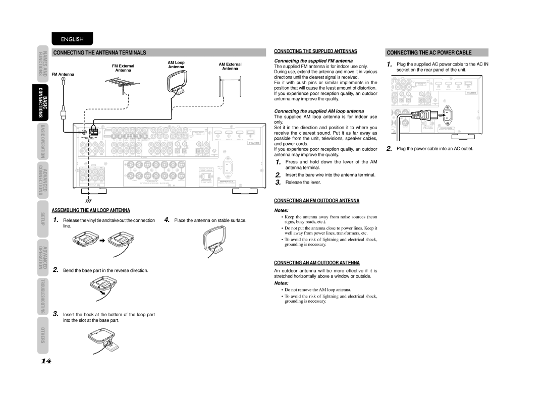 Marantz SR4003 manual Connecting the AC Power Cable, Connecting the Supplied Antennas, Connecting AN FM Outdoor Antenna 