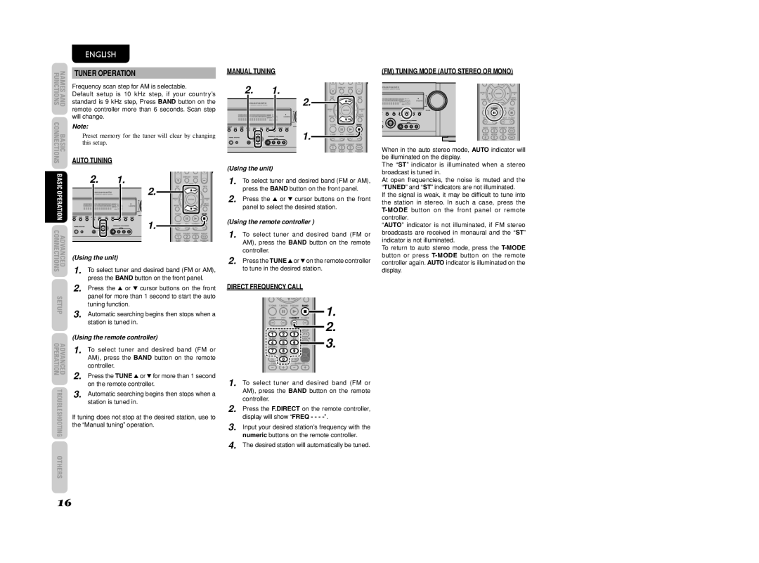 Marantz SR4003 Tuner Operation, Manual Tuning, Direct Frequency Call, FM Tuning Mode Auto Stereo or Mono, Using the unit 