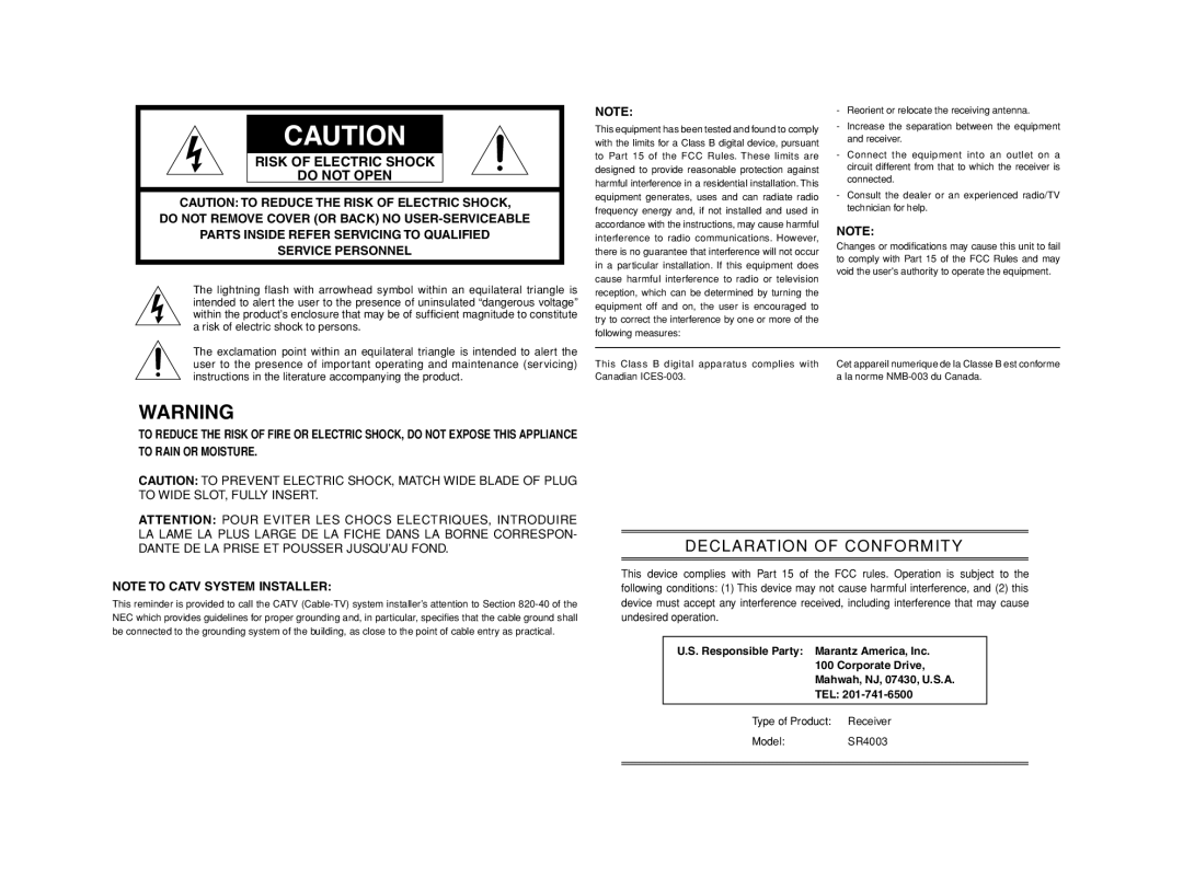 Marantz SR4003 manual This Class B digital apparatus complies with, Canadian ICES-003 La norme NMB-003 du Canada 