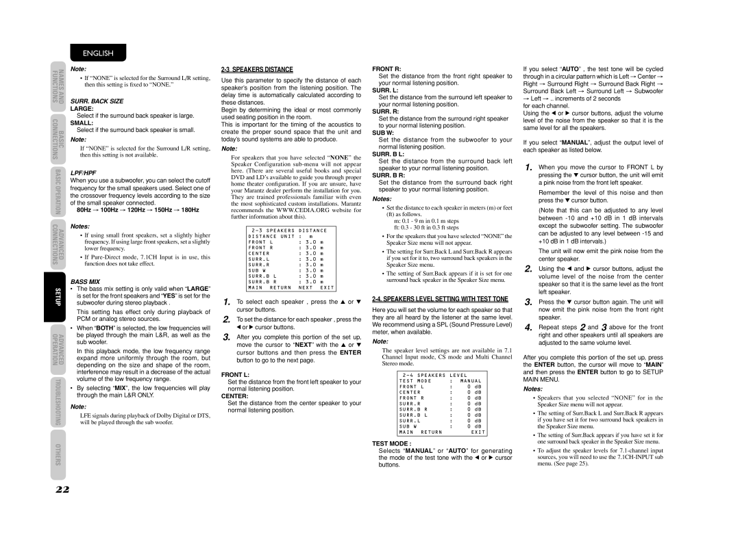 Marantz SR4003 manual Speakers Distance, Speakers Level Setting with Test Tone 