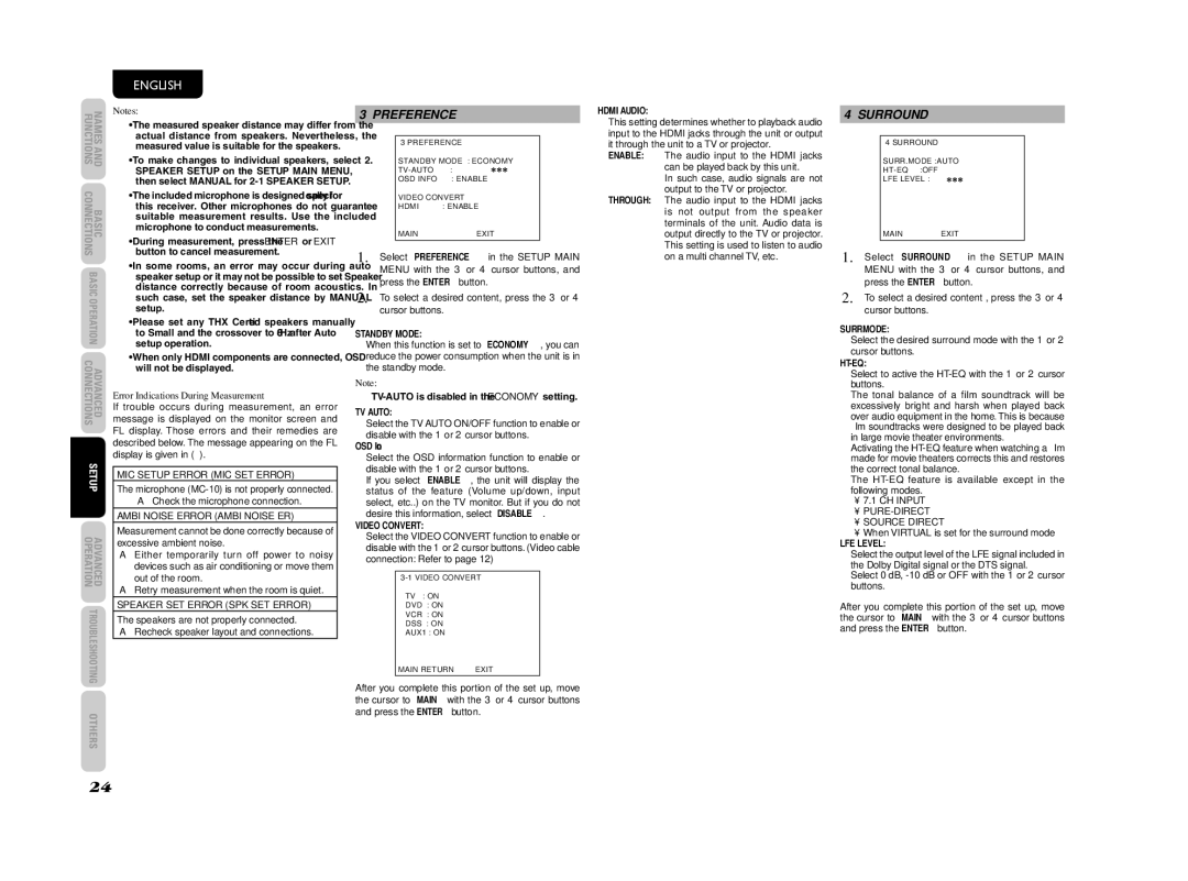 Marantz SR4003 manual Preference, Surround, Error Indications During Measurement 