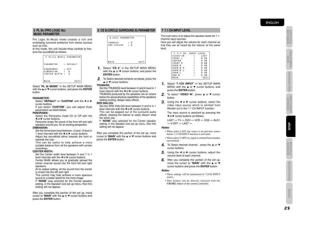 Marantz SR4003 manual Music Parameter, CH Input Level, CS Iicircle Surround II Parameter 