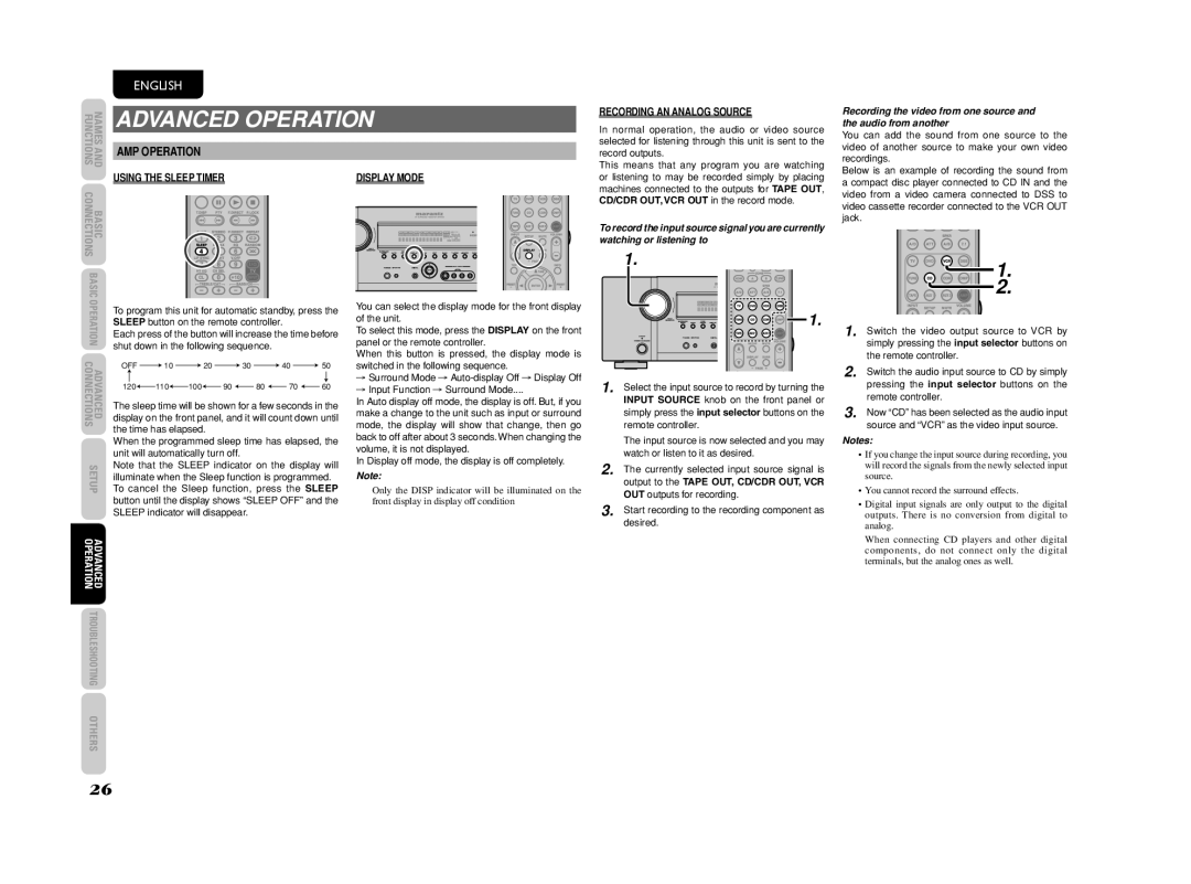 Marantz SR4003 manual Advanced Operation, Display Mode, Recording AN Analog Source, AMP Operation Using the Sleep Timer 