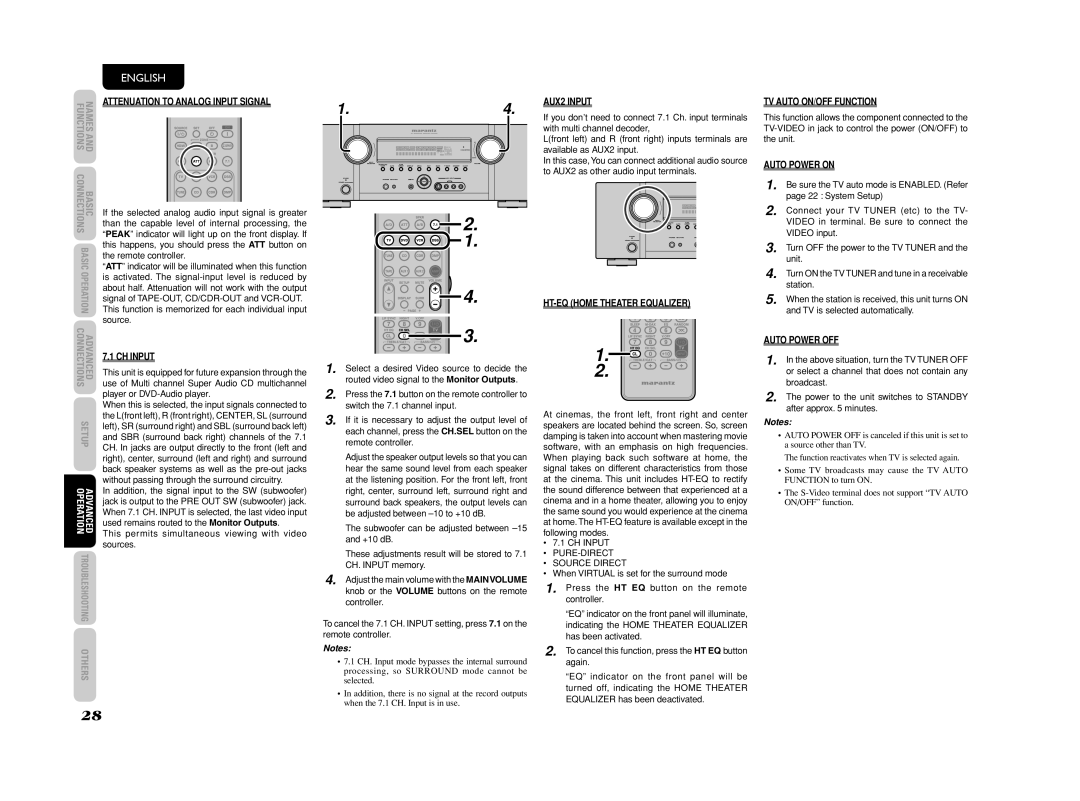 Marantz SR4003 manual Attenuation to Analog Input Signal, CH Input, AUX2 Input, HT-EQ Home Theater Equalizer, Auto Power on 