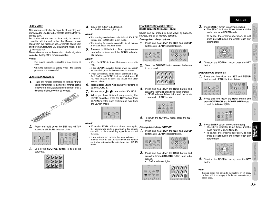 Marantz SR4003 manual Learn Mode, Learning Procedure, Erasing the code by buttons, Erasing the all Sources 